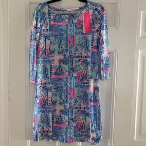 Lilly Pulitzer Pink & Blue Tropical Print Midi Shift Dress